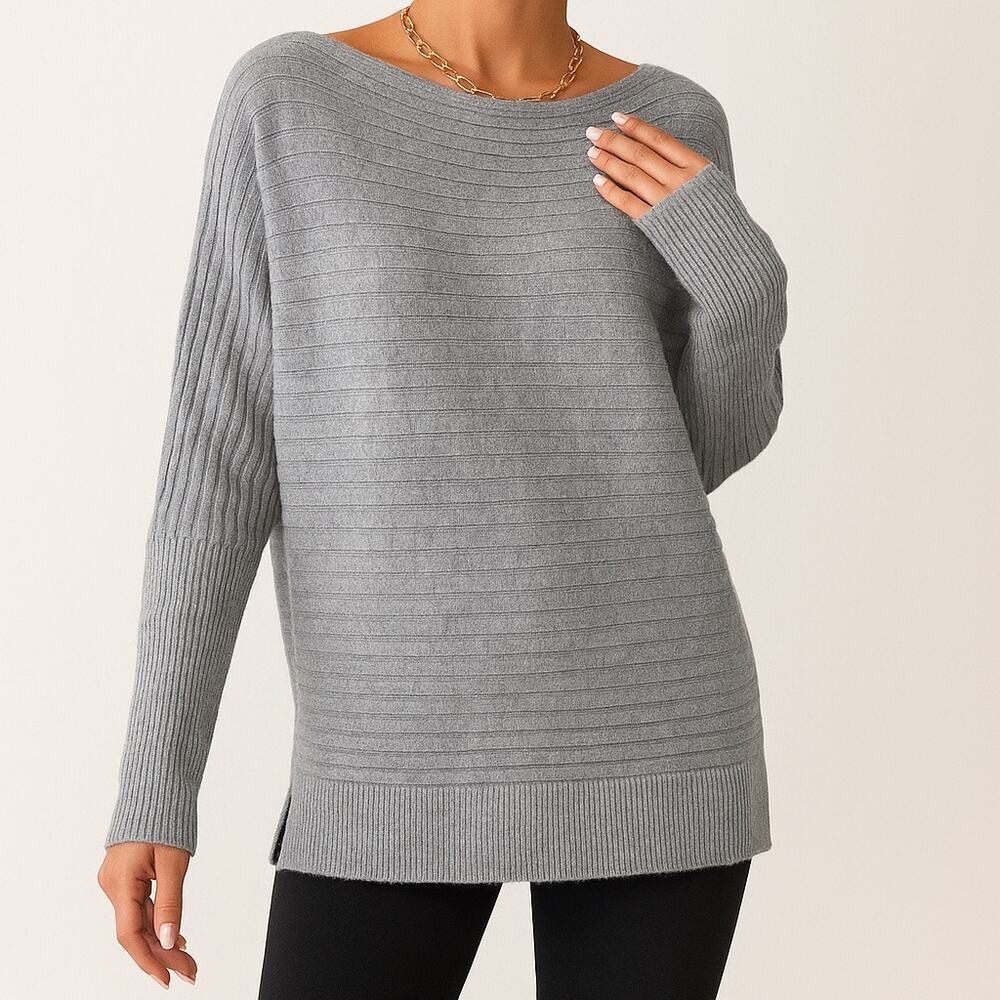 Blashe Grey Ribbed Dolman Batwing Oversized Off Shoulder Sweater BSW06023 Medium